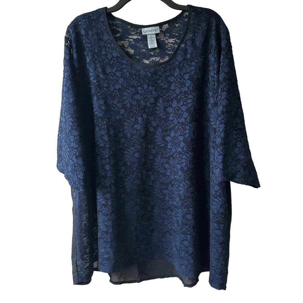 Catherines Lace Tunic Top Blouse Short Sleeve Sheer Relaxed Navy 2X or 22/24W